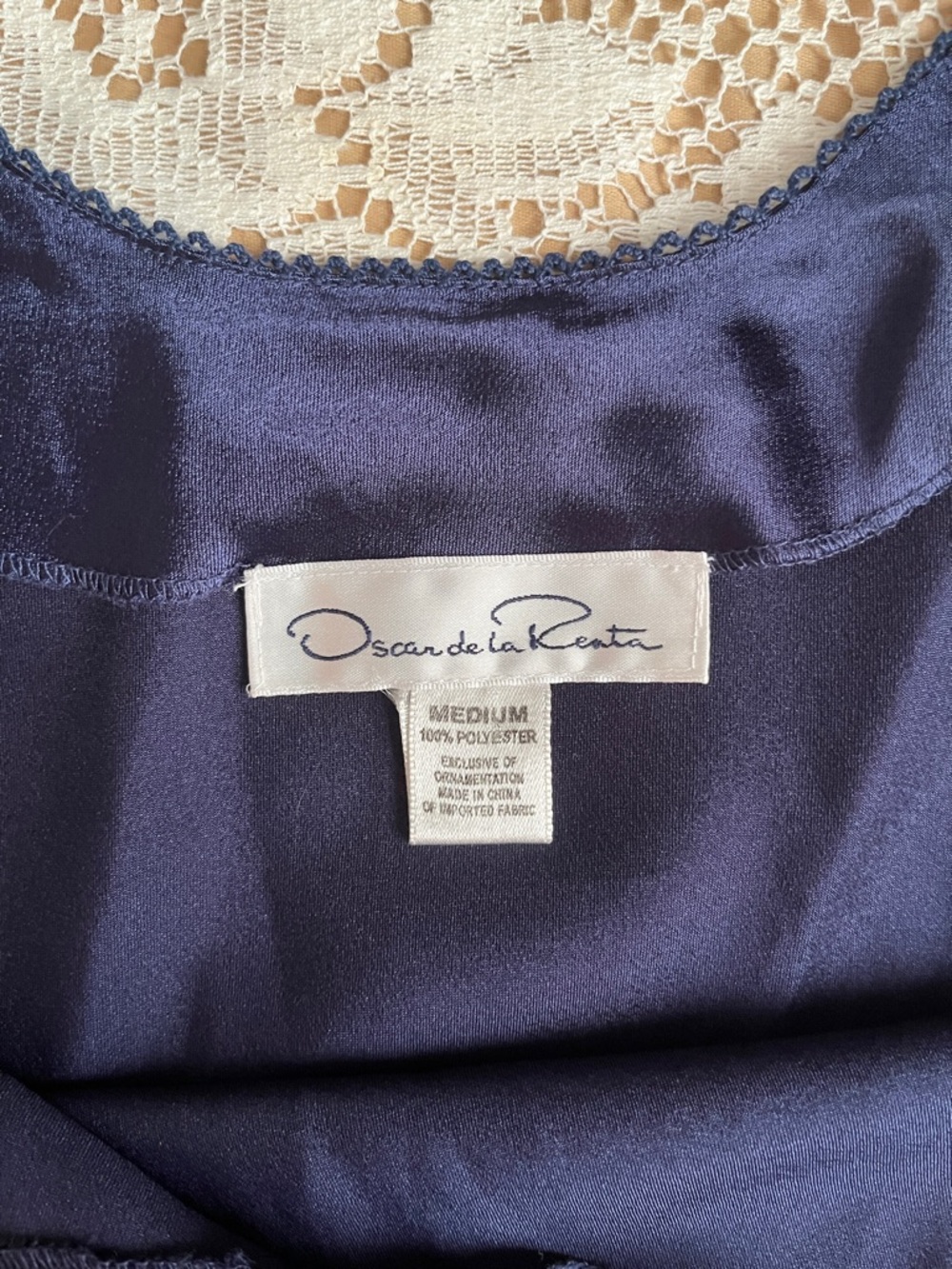 Oscar de la Renta Vintage Satin Slip Dress Nightgown, Navy Blue, Size M - Picture 6 of 7